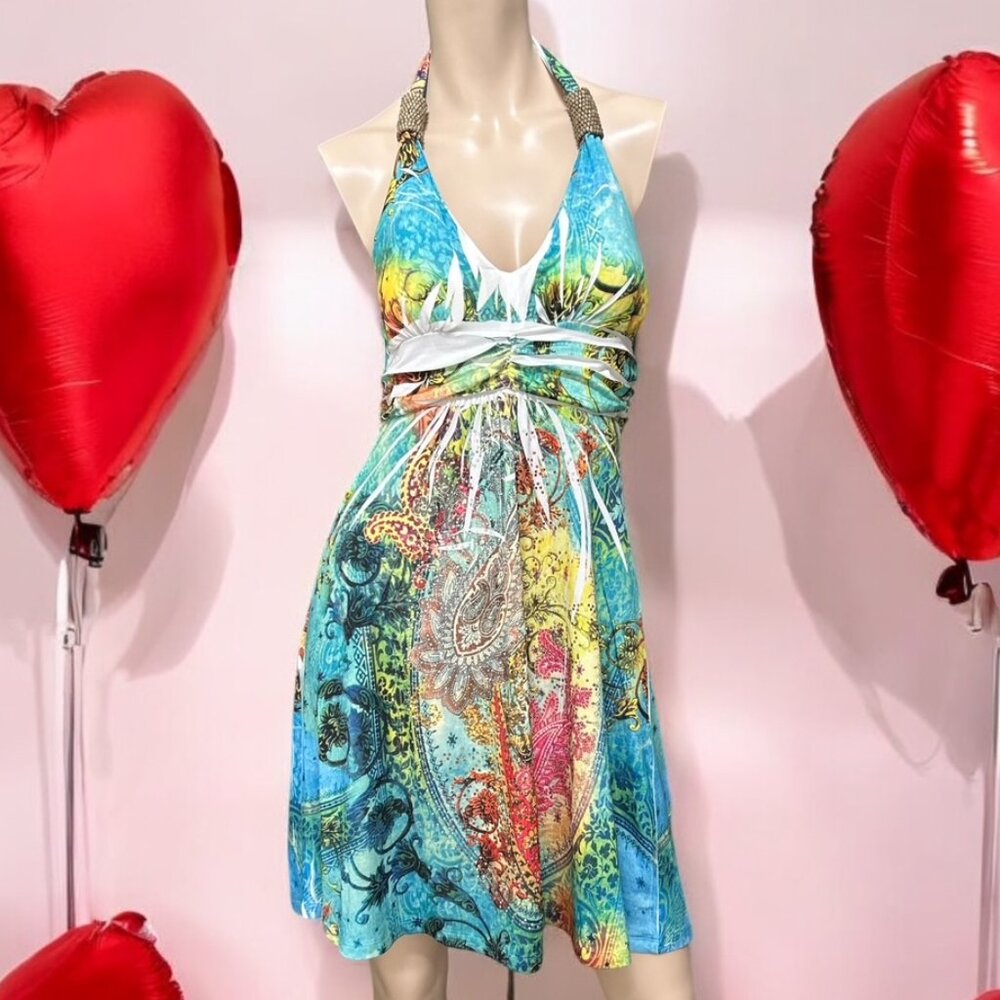 Cristina Love Halter Dress Size M Mcbling Indie Bling Rhinestones Artsy Y2K